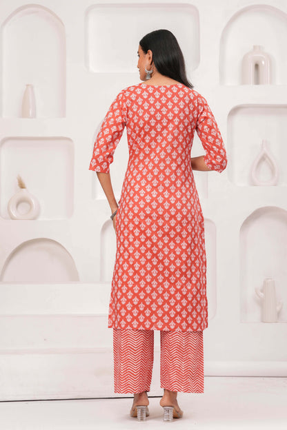 Rust Printed Straight Kurta Set With Dupatta