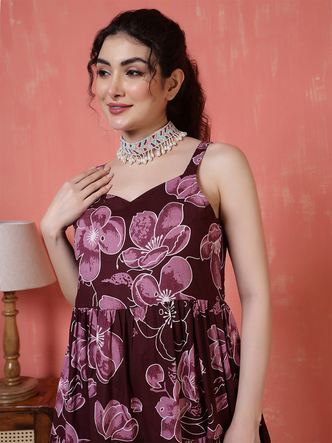 Burgundy Floral Printed Dress