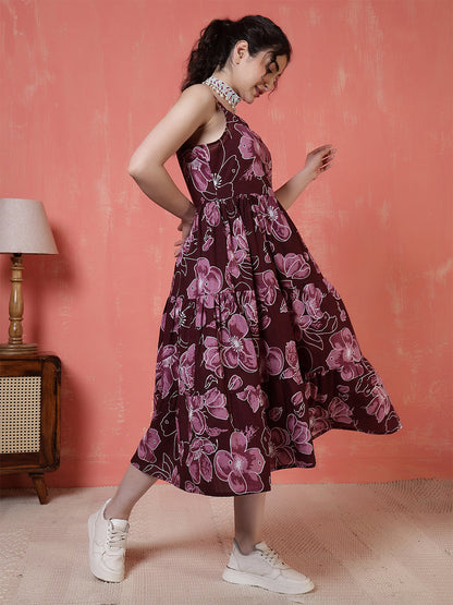 Burgundy Floral Printed Dress