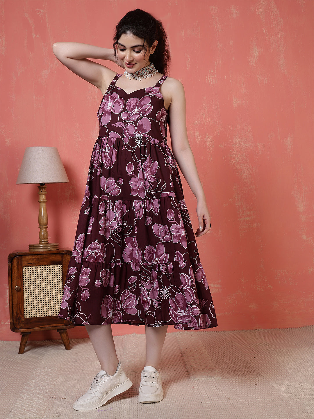 Burgundy Floral Printed Dress
