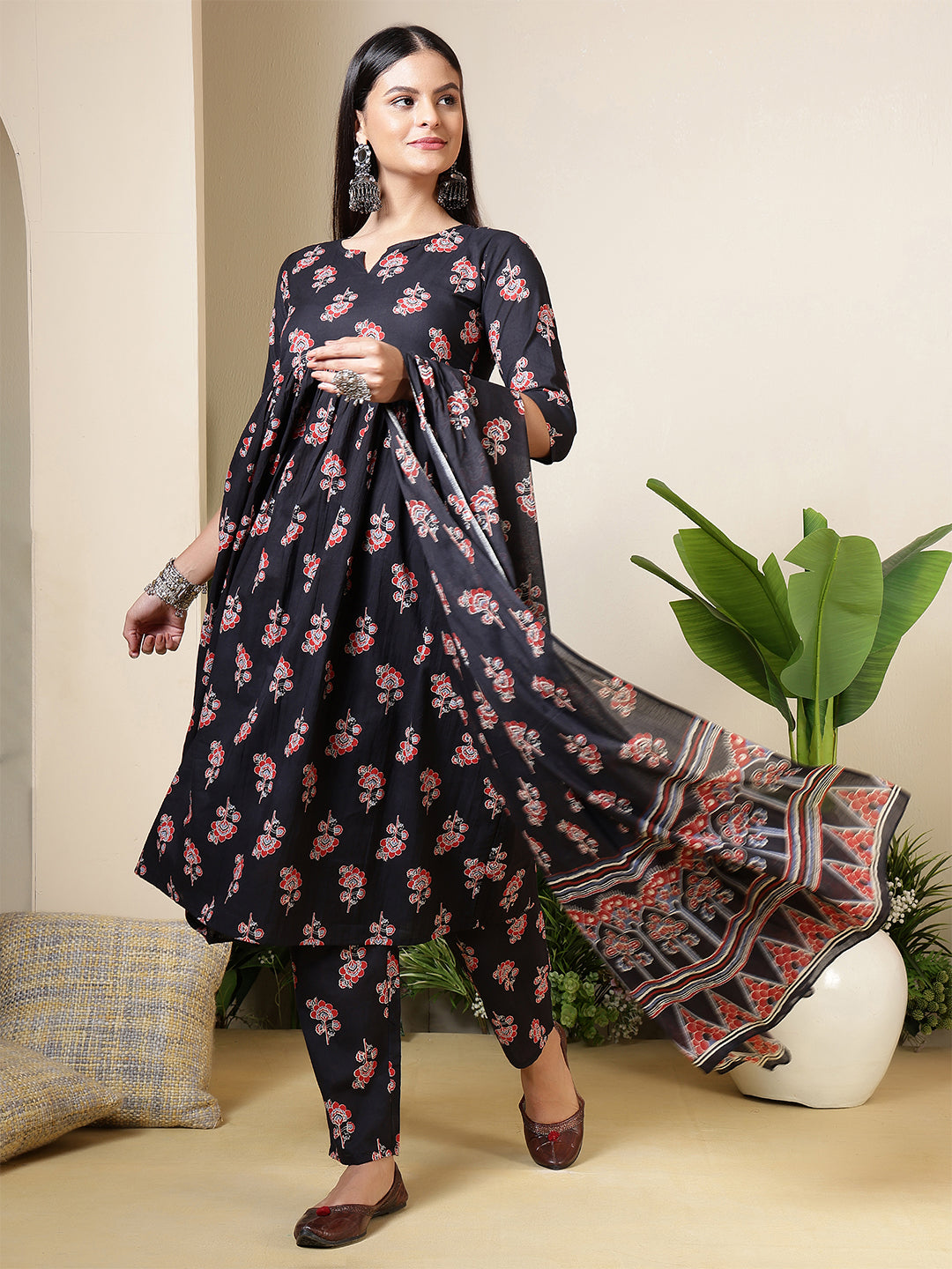 Black Printed Anarkali Kurta Set With Dupatta
