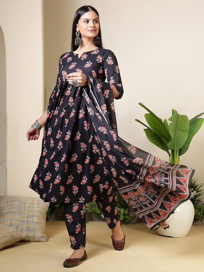 Black Printed Anarkali Kurta Set With Dupatta