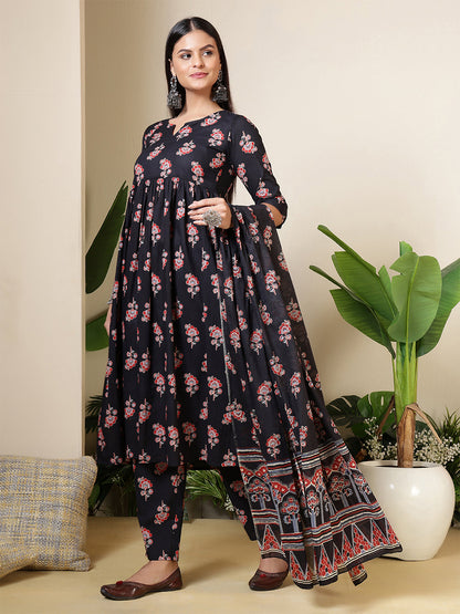 Black Printed Anarkali Kurta Set With Dupatta