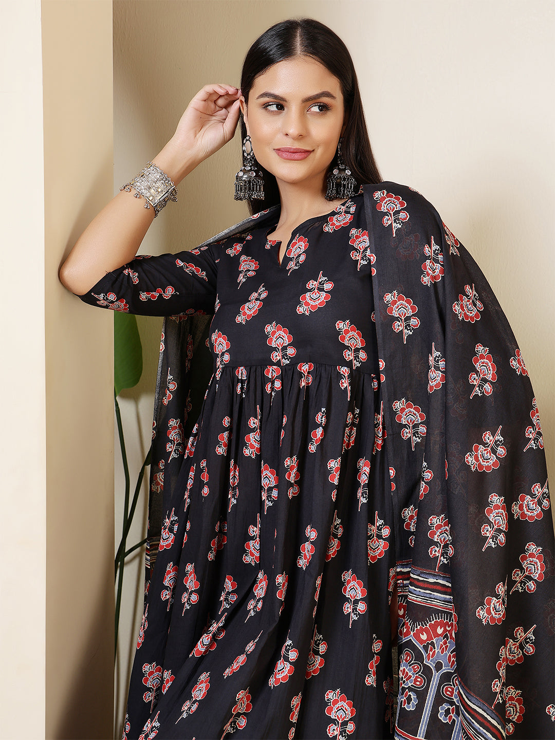 Black Printed Anarkali Kurta Set With Dupatta