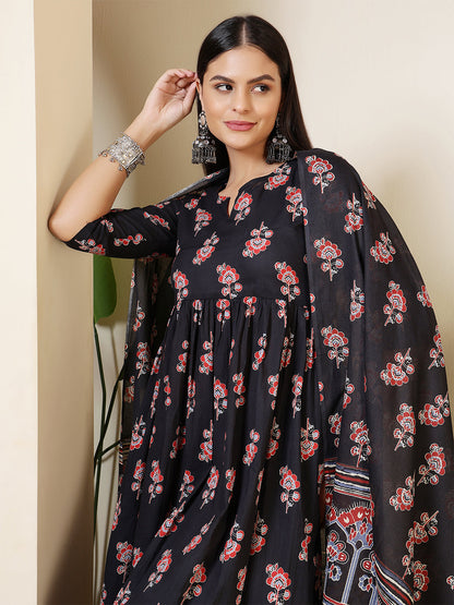 Black Printed Anarkali Kurta Set With Dupatta