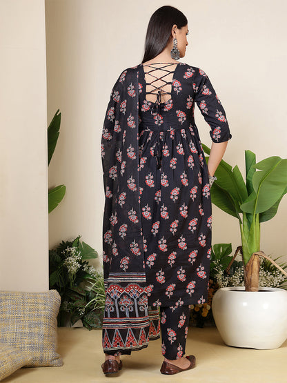 Black Printed Anarkali Kurta Set With Dupatta