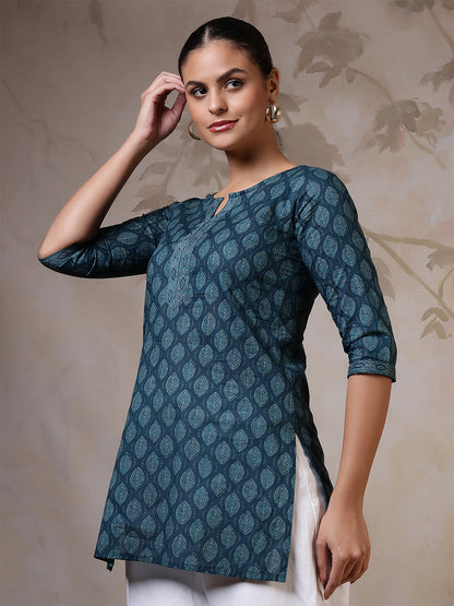 Teal Blue Printed Straight Tunic