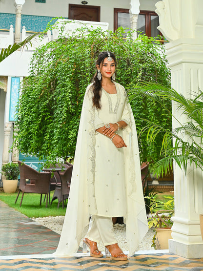 Off White Embroidered Kurta With Palazzo And Organza Dupatta