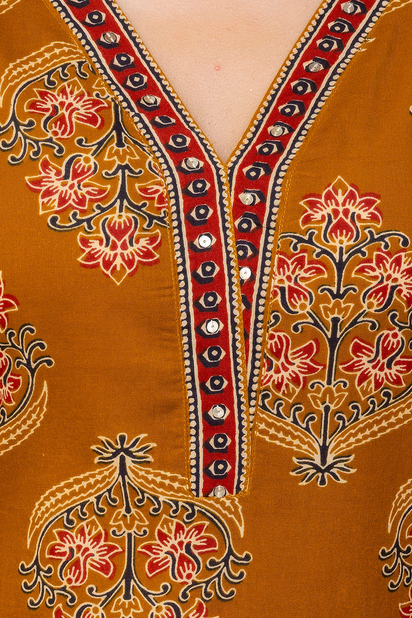 Mustard Printed Straight Kurta with Three Quarter Sleeves