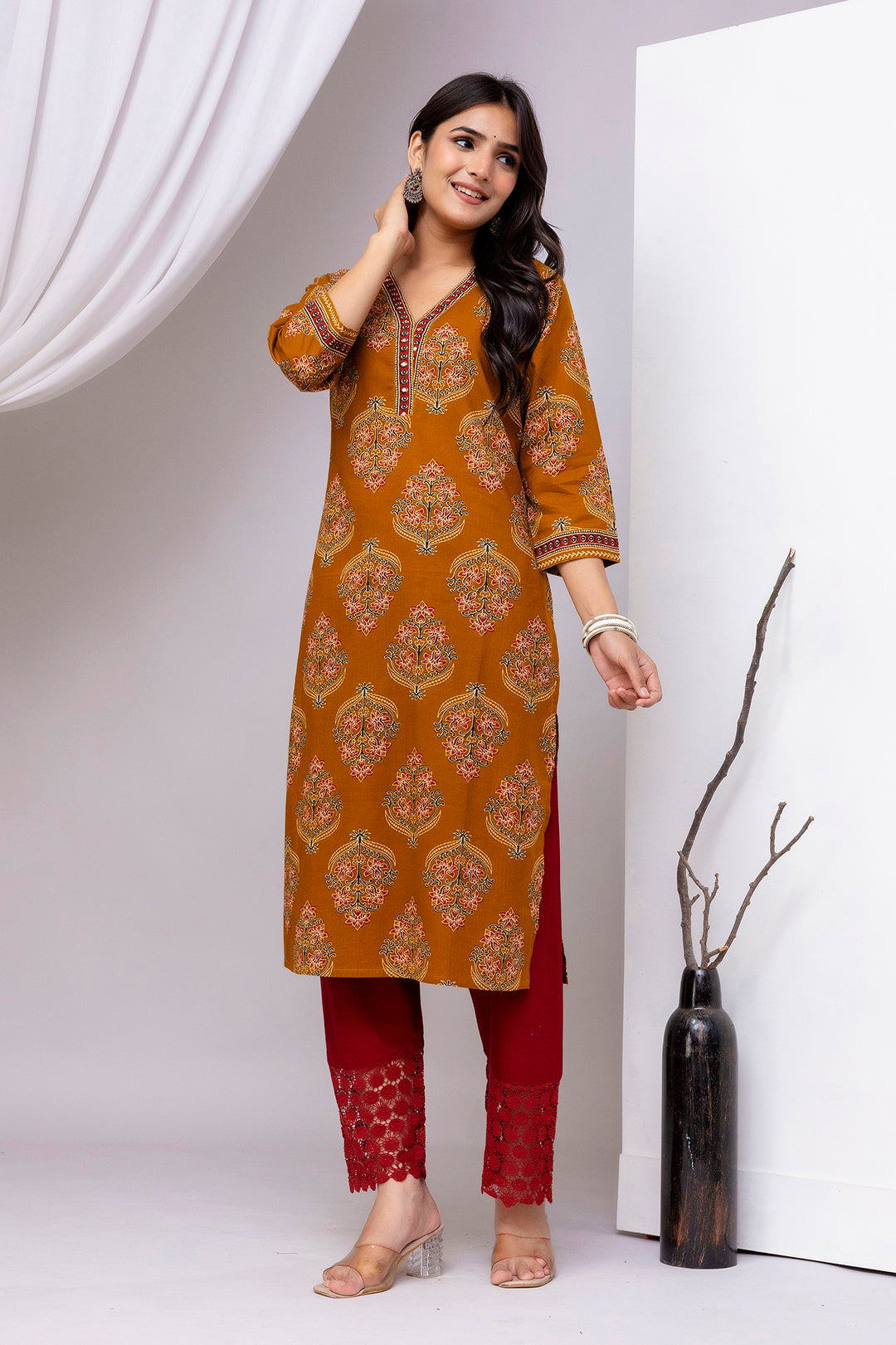 Mustard Printed Straight Kurta with Three Quarter Sleeves
