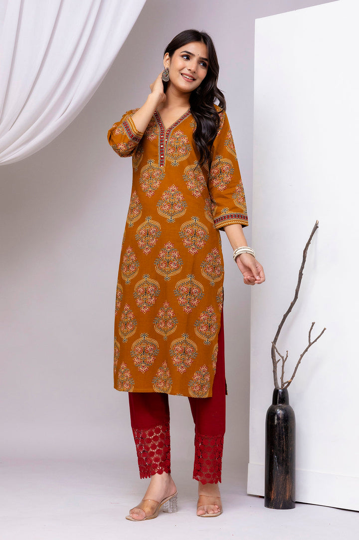 Mustard Printed Straight Kurta with Three Quarter Sleeves