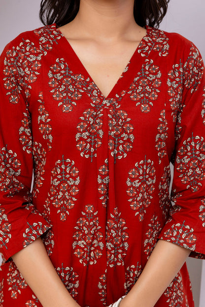Maroon Printed Straight Kurta with Three Quarter Sleeves