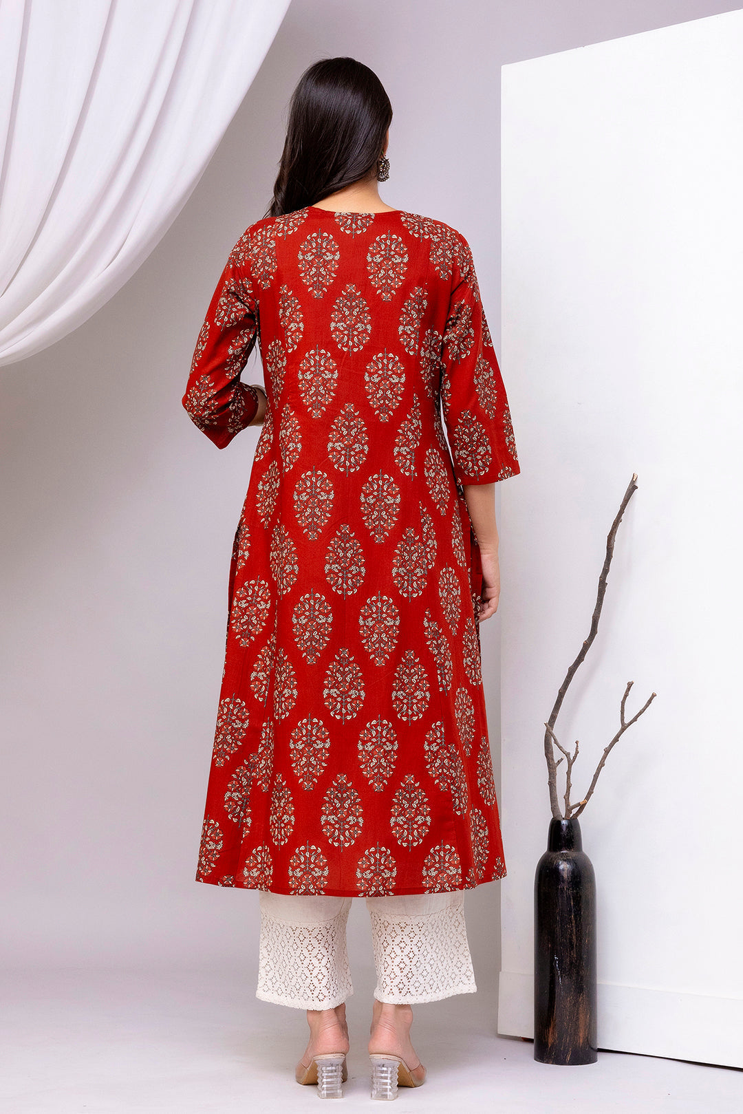 Maroon Printed Straight Kurta with Three Quarter Sleeves