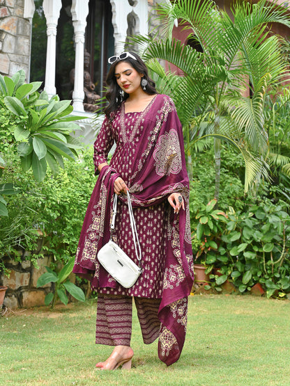 Wine Printed Straight Kurta & Palazzo With Dupatta for Women