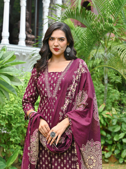 Wine Printed Straight Kurta & Palazzo With Dupatta for Women