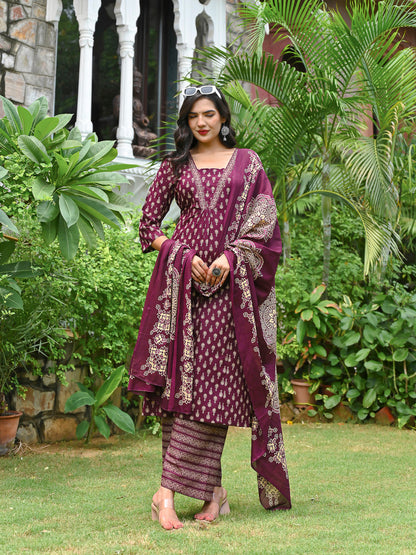 Wine Printed Straight Kurta & Palazzo With Dupatta for Women