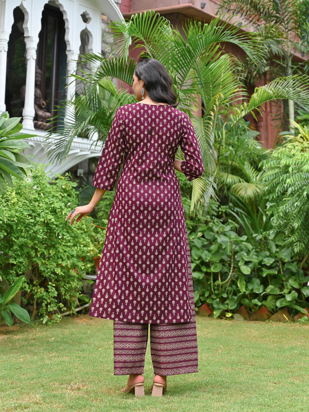Wine Printed Straight Kurta & Palazzo With Dupatta for Women