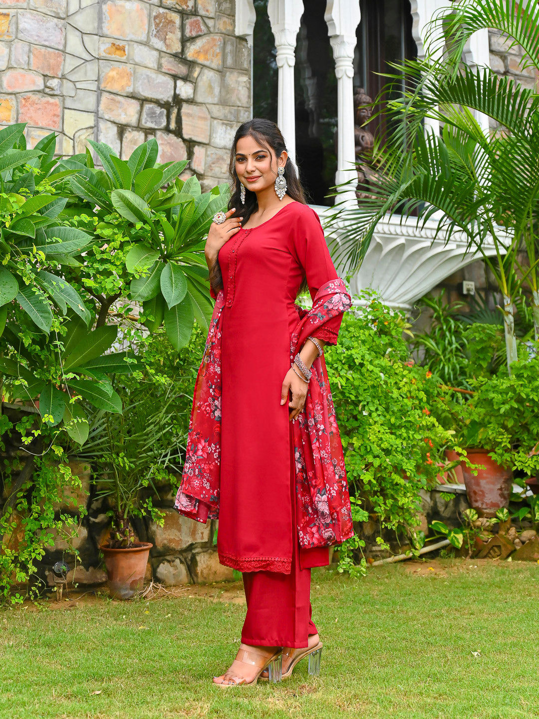 Maroon Solid Straight Kurta Set With Printed Dupatta for Women