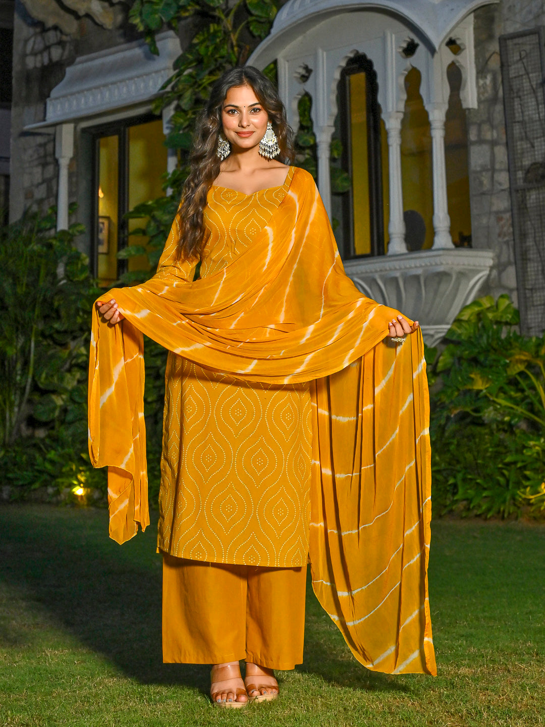 Yellow Printed Straight Kurta &amp; Palazzo With Dupatta for Women