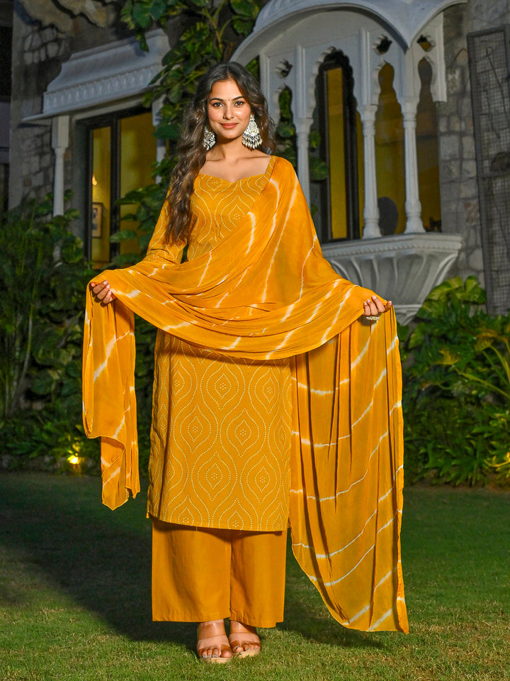 Yellow Printed Straight Kurta &amp; Palazzo With Dupatta for Women