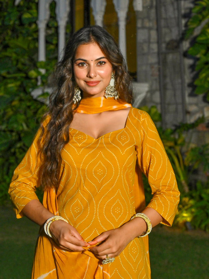 Yellow Printed Straight Kurta &amp; Palazzo With Dupatta for Women