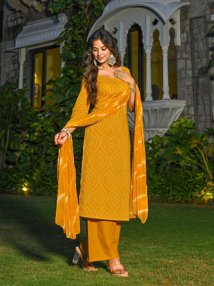 Yellow Printed Straight Kurta &amp; Palazzo With Dupatta for Women