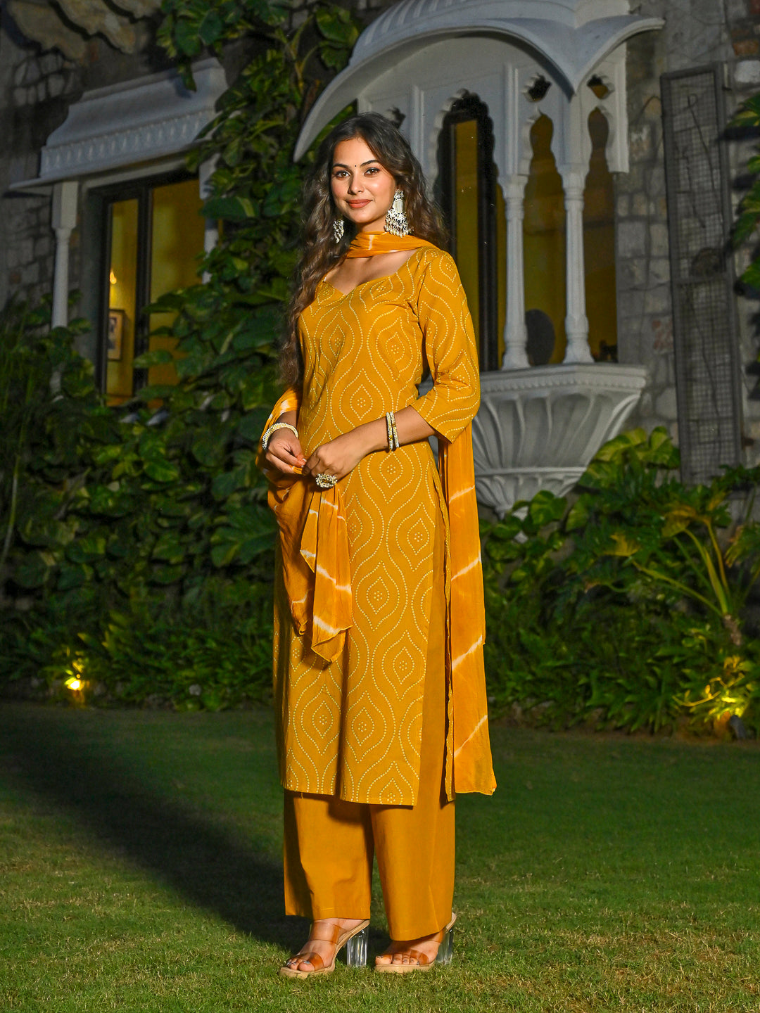 Yellow Printed Straight Kurta &amp; Palazzo With Dupatta for Women