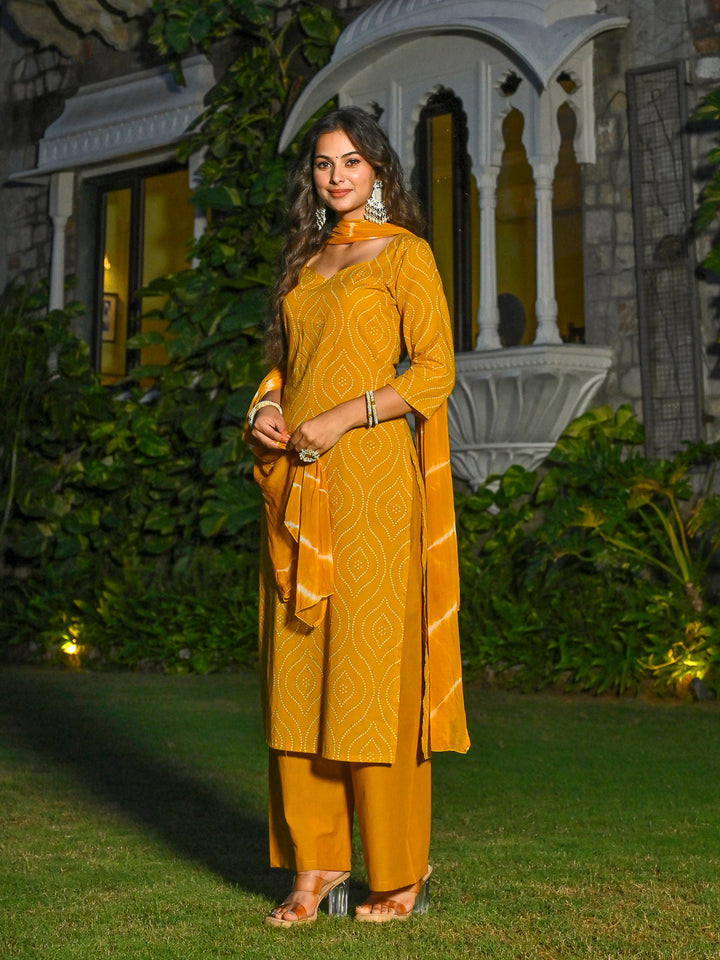 Yellow Printed Straight Kurta &amp; Palazzo With Dupatta for Women