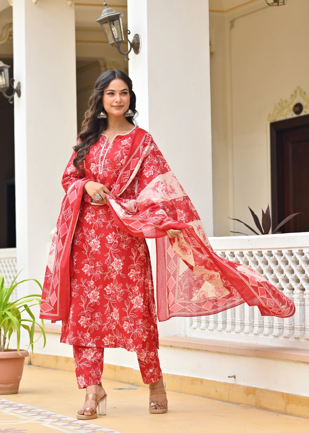 Red Printed Straight Kurta & Trouser With Dupatta for Women