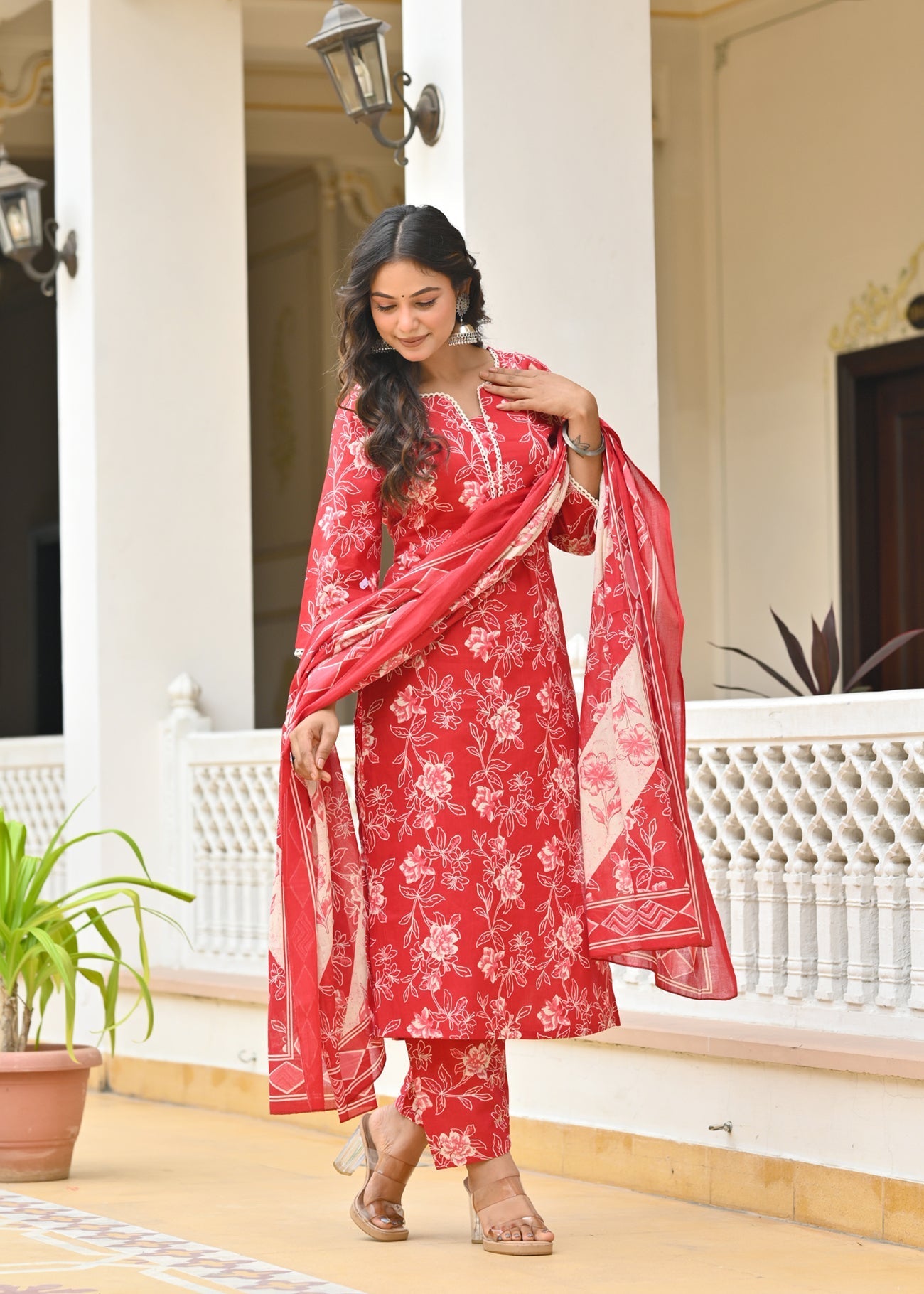 Red Printed Straight Kurta & Trouser With Dupatta for Women