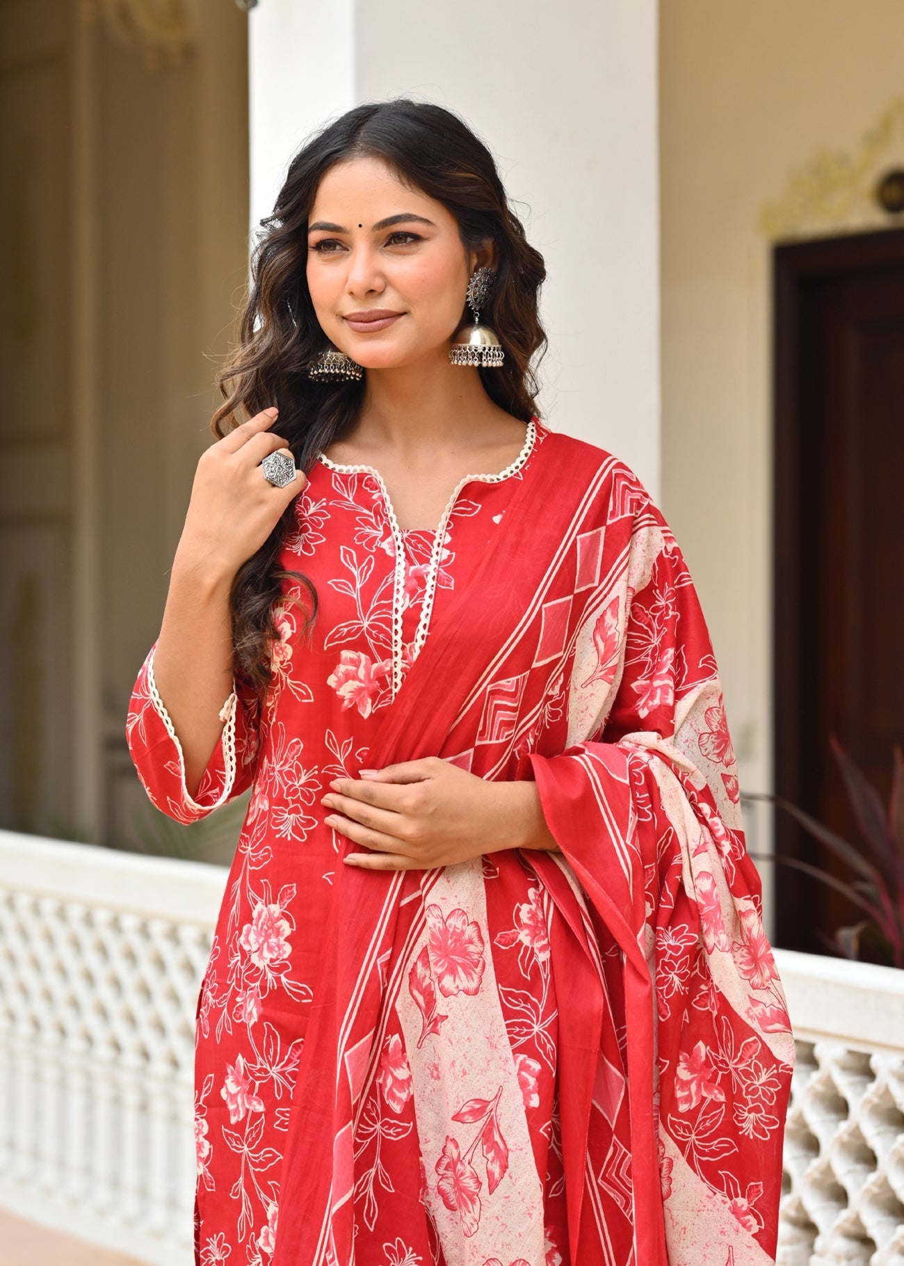 Red Printed Straight Kurta & Trouser With Dupatta for Women
