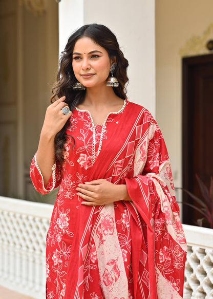 Red Printed Straight Kurta & Trouser With Dupatta for Women