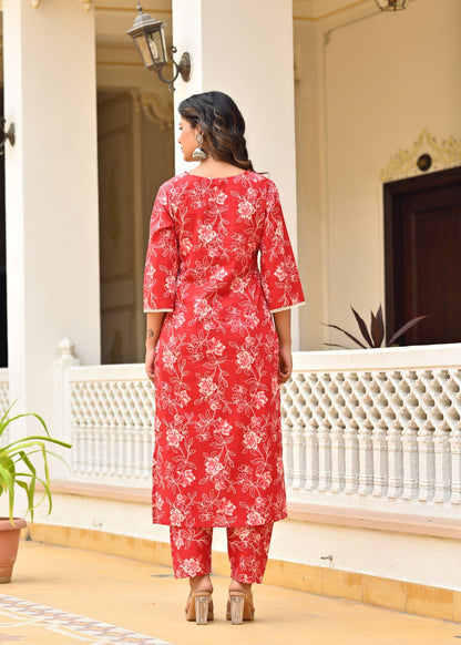 Red Printed Straight Kurta & Trouser With Dupatta for Women