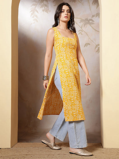 Women Yellow Printed Straight Sleeveless Kurta