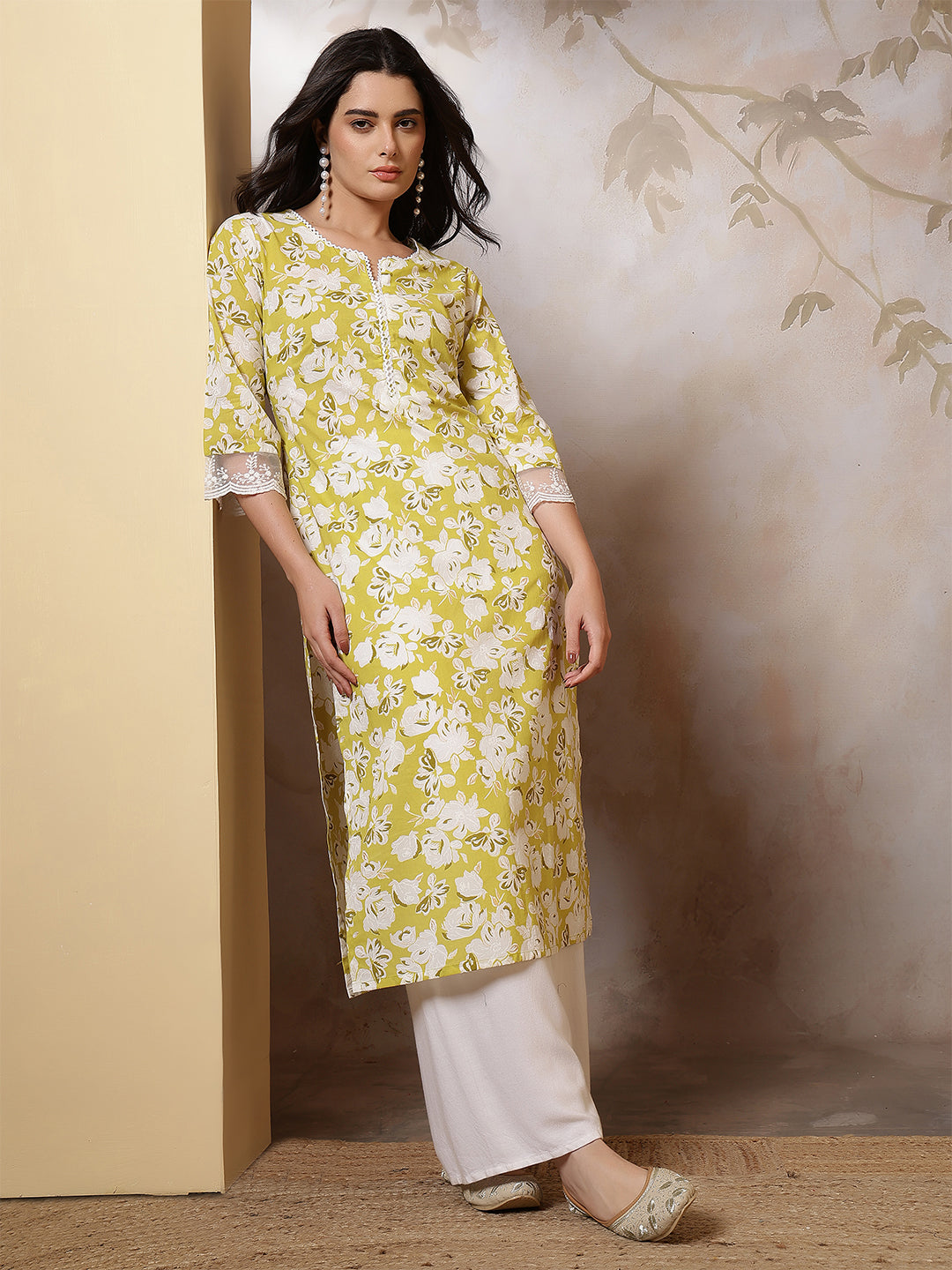 Lime Green Printed Straight Kurta with Three Quarter Sleeves