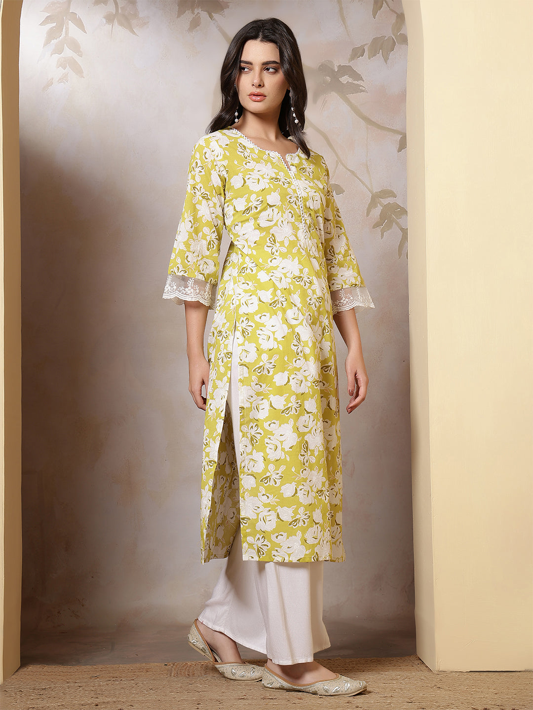 Lime Green Printed Straight Kurta with Three Quarter Sleeves