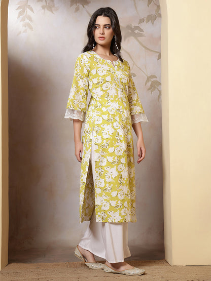 Lime Green Printed Straight Kurta with Three Quarter Sleeves