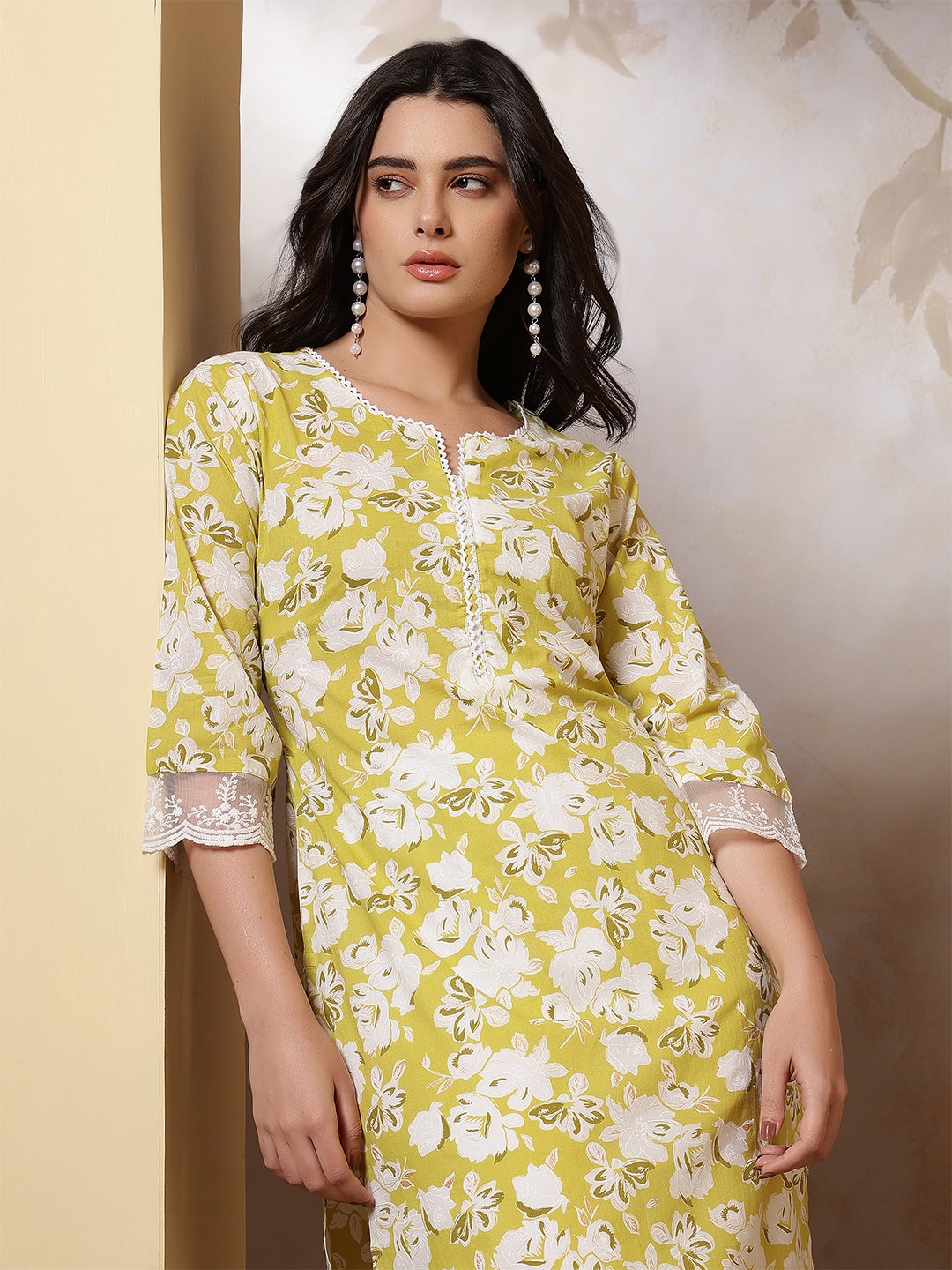 Lime Green Printed Straight Kurta with Three Quarter Sleeves