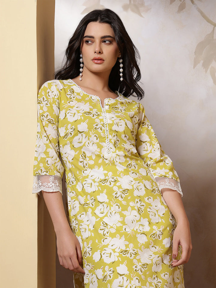 Lime Green Printed Straight Kurta with Three Quarter Sleeves