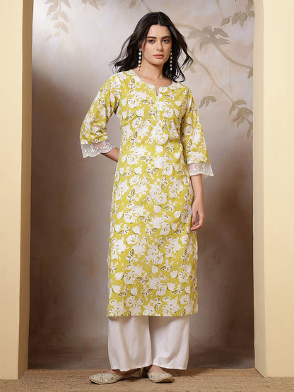 Lime Green Printed Straight Kurta with Three Quarter Sleeves