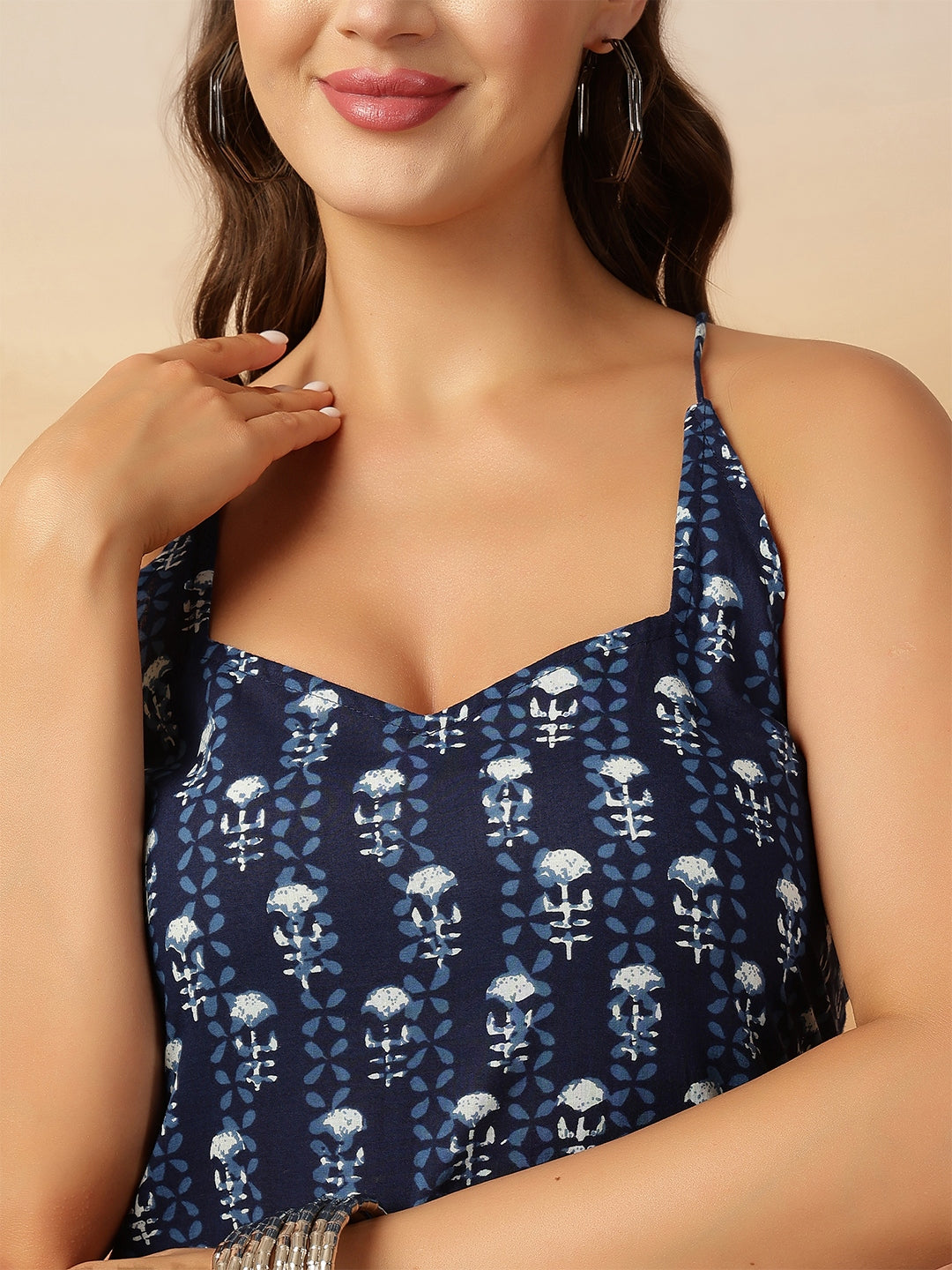Navy Blue Printed Stylish Back Straight Sleeveless Kurta