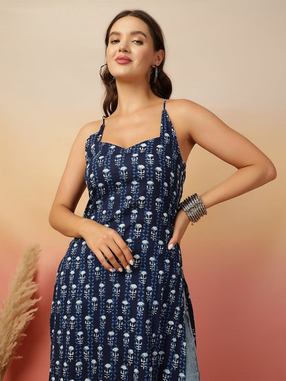 Navy Blue Printed Stylish Back Straight Sleeveless Kurta