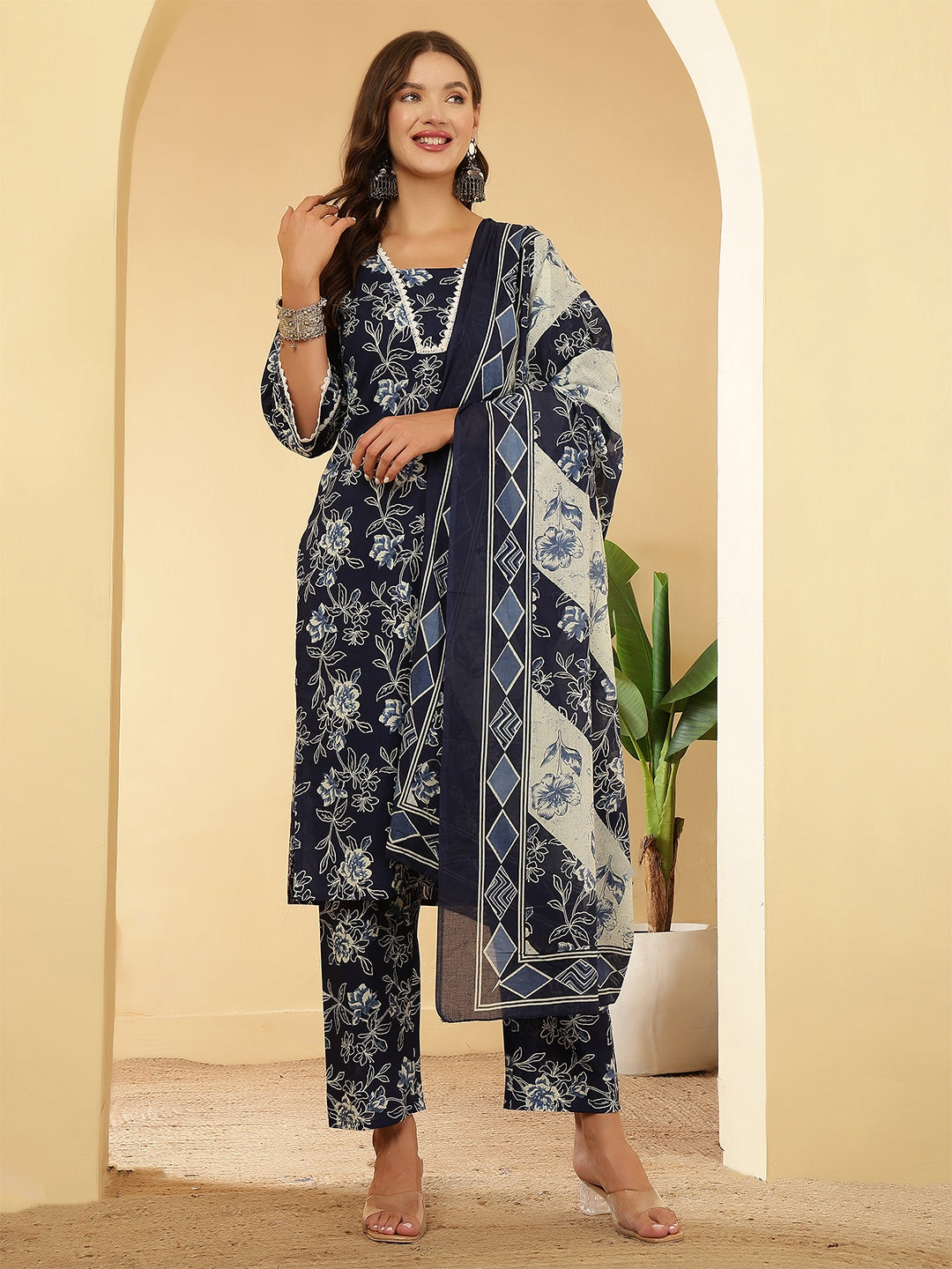 Navy Blue Printed Straight Kurta Set With Dupatta for Women