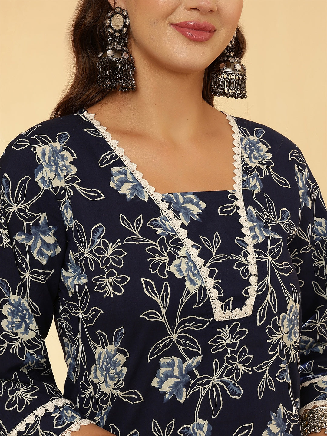 Navy Blue Printed Straight Kurta Set With Dupatta for Women