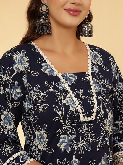 Navy Blue Printed Straight Kurta Set With Dupatta for Women