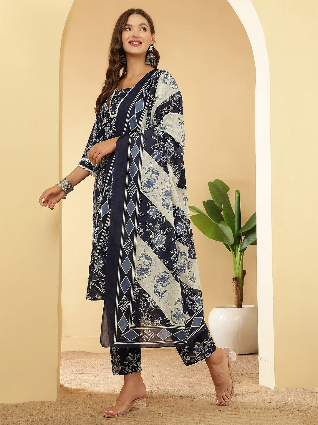 Navy Blue Printed Straight Kurta Set With Dupatta for Women