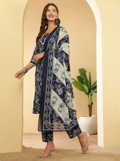 Navy Blue Printed Straight Kurta Set With Dupatta for Women