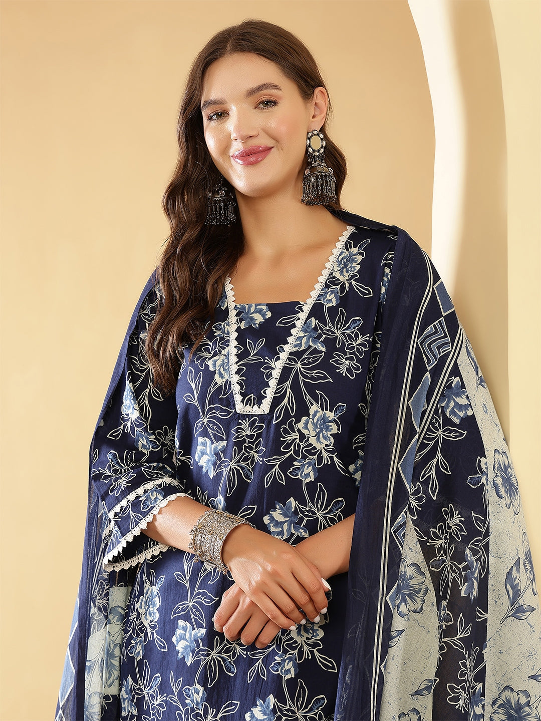 Navy Blue Printed Straight Kurta Set With Dupatta for Women