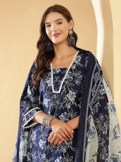 Navy Blue Printed Straight Kurta Set With Dupatta for Women