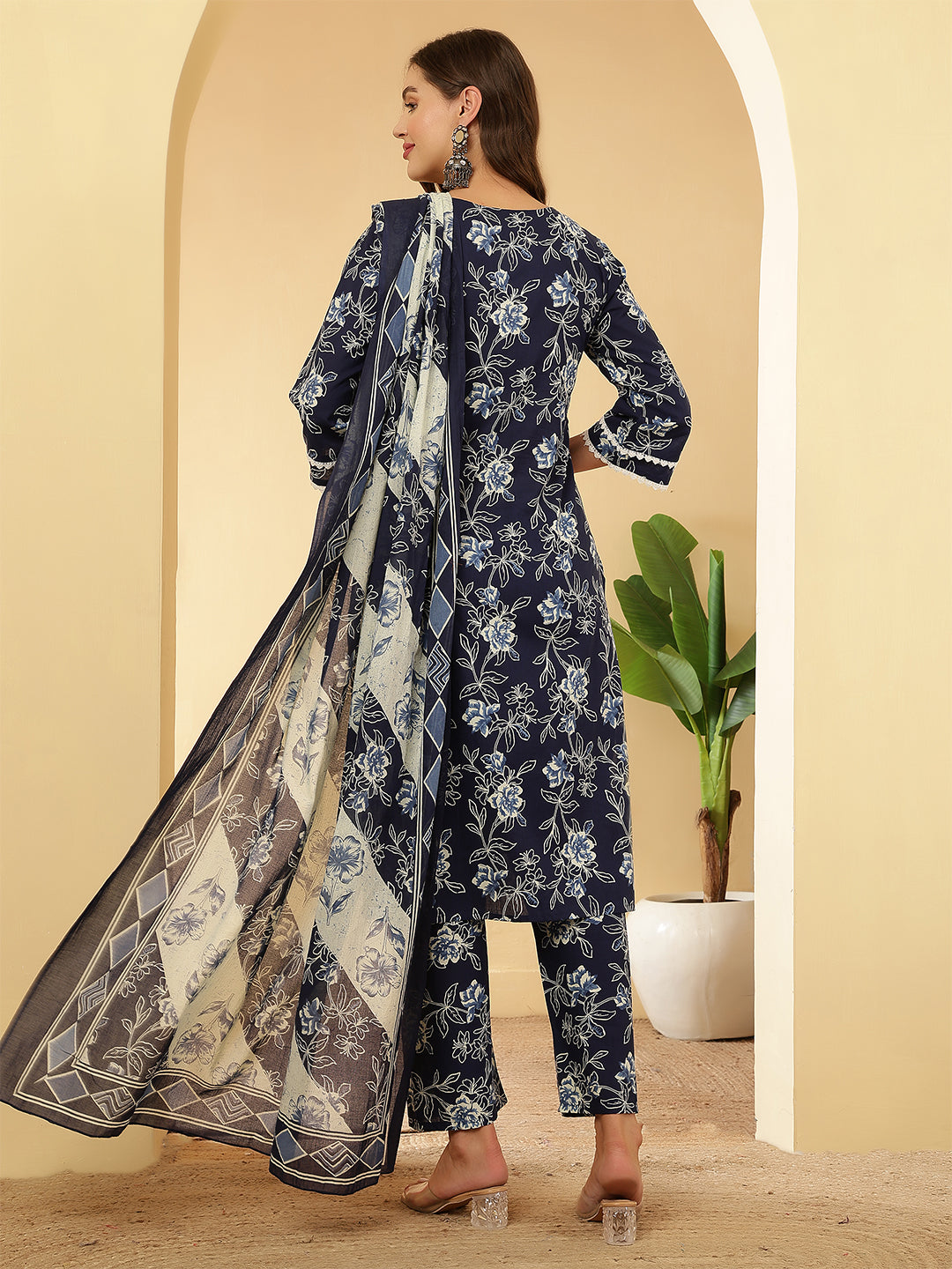 Navy Blue Printed Straight Kurta Set With Dupatta for Women
